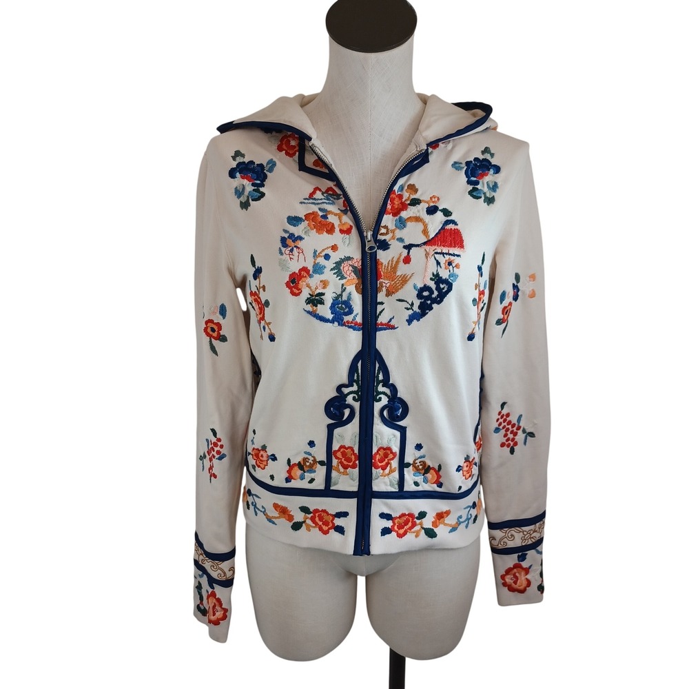 Lucky Brand Dungarees America Cream Floral Embroidered Zip Up Hoodie Medium